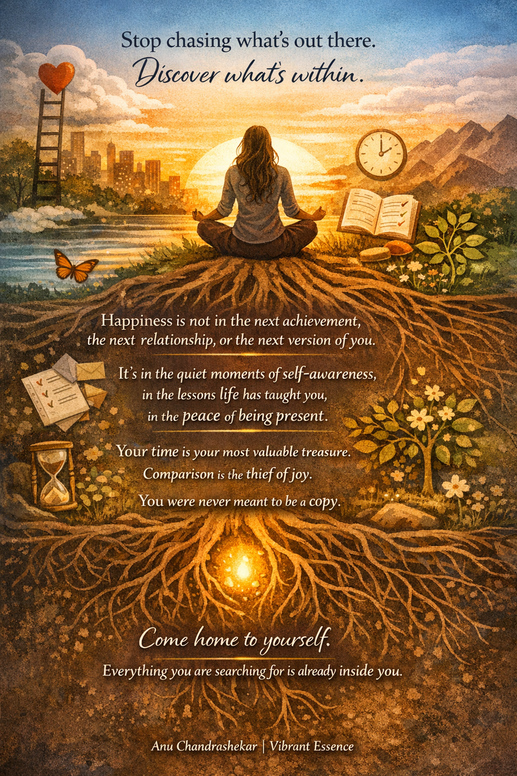 Woman meditating on tree roots at sunset — inner peace and self-discovery illustration by Anu Chandrashekar