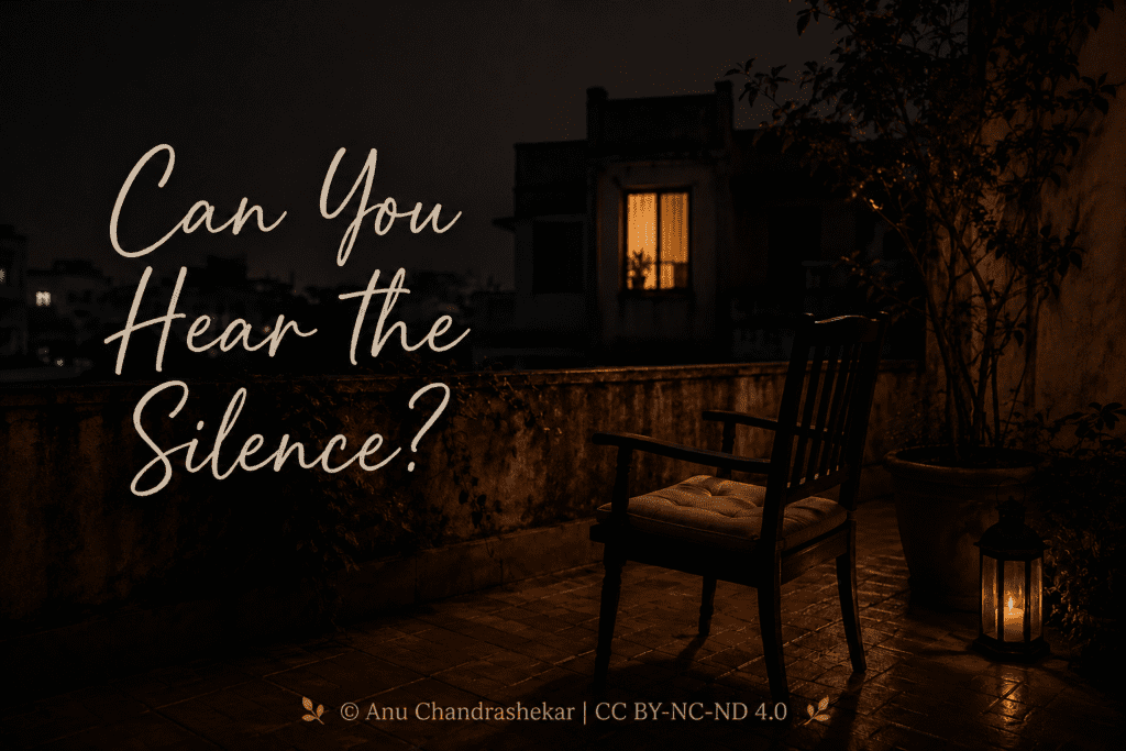 A quiet rooftop terrace at night featuring an empty wooden chair illuminated by a lantern, overlooking a dimly lit cityscape, with the words “Can You Hear the Silence?” displayed against the dark sky.