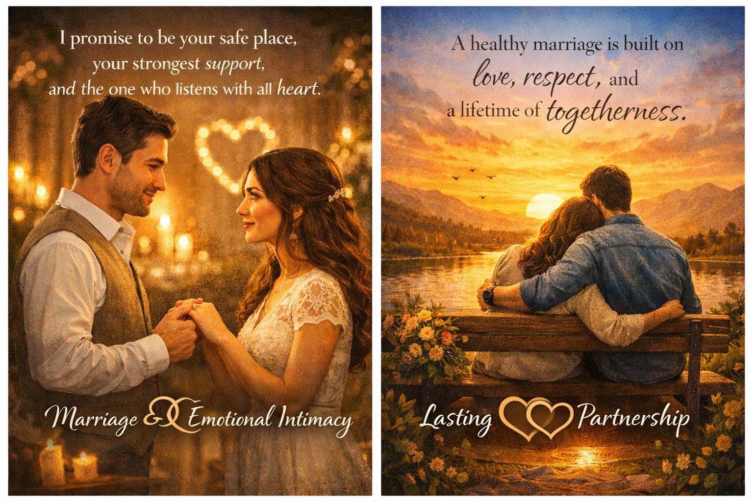 A romantic digital illustration divided into two scenes: one showing a couple holding hands under soft glowing lights with a heart-shaped light behind them, and another showing a couple embracing on a bench by a lake at sunset. The text highlights emotional support, love, respect, and lifelong partnership.