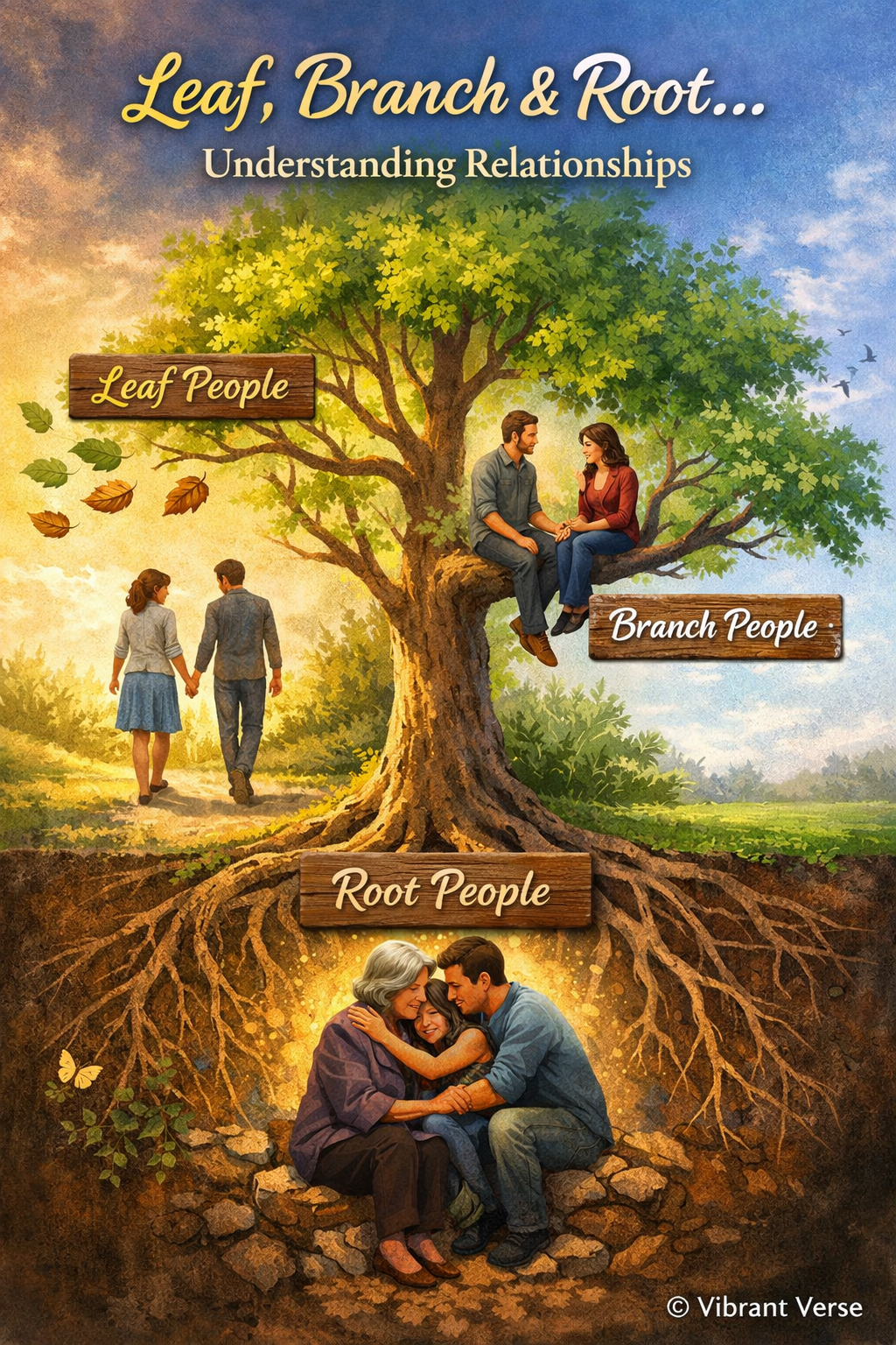 Understanding Relationships — symbolic tree showing leaves, branches, and roots