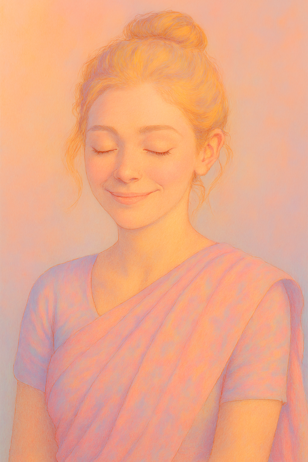 A serene woman with closed eyes, draped in a pastel saree, her hair tied in a bun—embodying calm, joy, and quiet reflection.