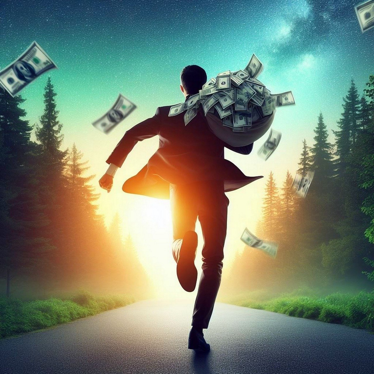 A man running with money symbolises the chase for wealth and freedom.