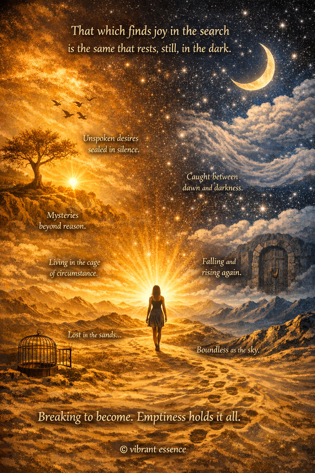 A lone figure walks toward golden light on a desert path, with an open cage, a crescent moon, and scattered lines from the poem The Search by Anu Chandrashekar