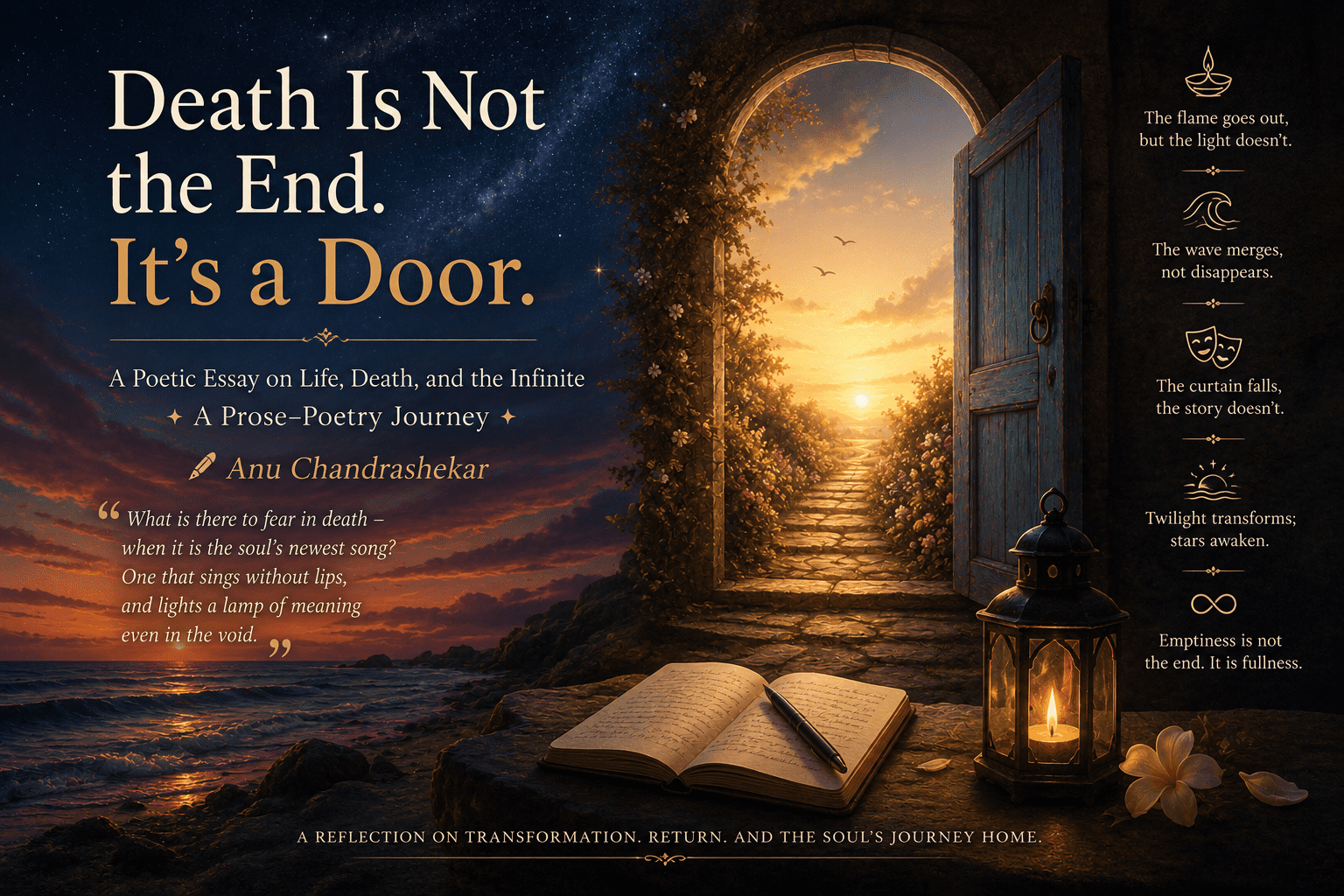 A luminous open door leading to a golden sunrise path, with a glowing lantern, an open journal, and the ocean at twilight — featured image for the poetic essay 'Death Is Not the End. It's a Door.' by Anu Chandrashekar, exploring life, death, and the infinite.
