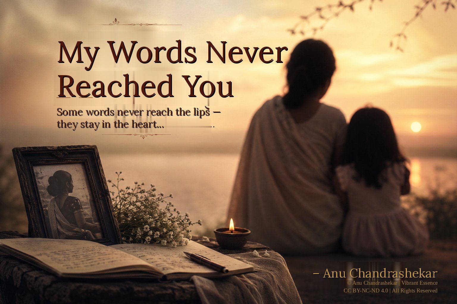 My words never reached you — a mother and child silhouetted against a golden sunset, with a diya, framed photo, and open diary capturing love and longing