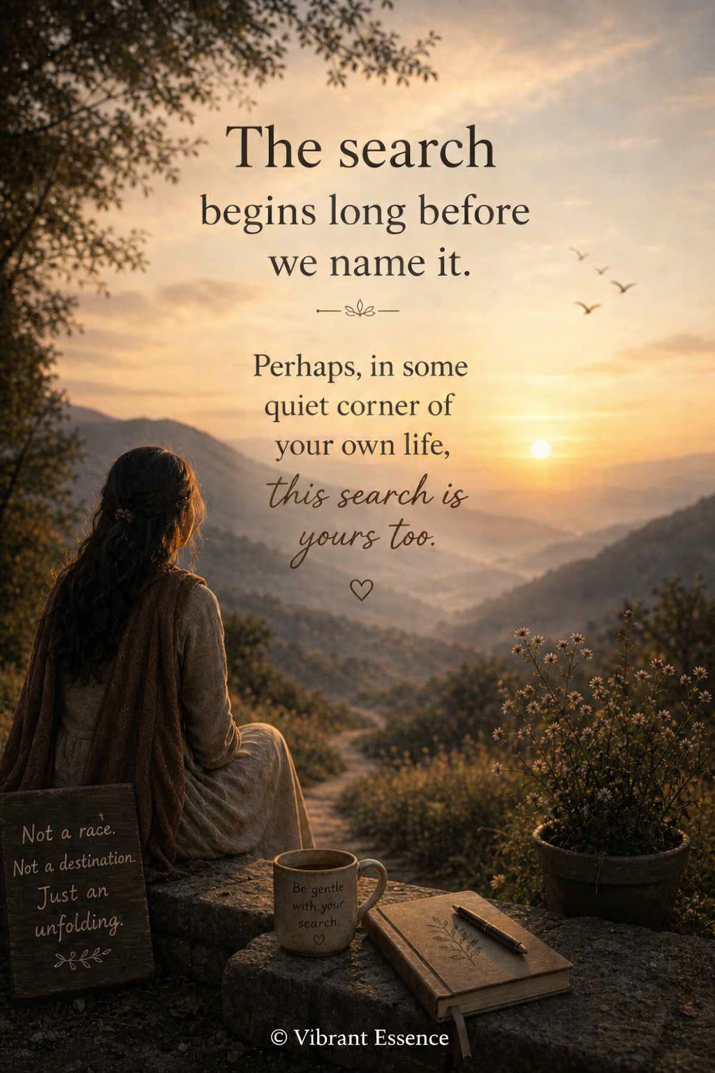 A person sits on a stone ledge at sunset, overlooking a tranquil valley surrounded by hills. A mug, journal, and potted plant rest nearby, with warm golden light illuminating the scene. Birds fly across the sky as the quote “The search begins long before we name it” appears above.