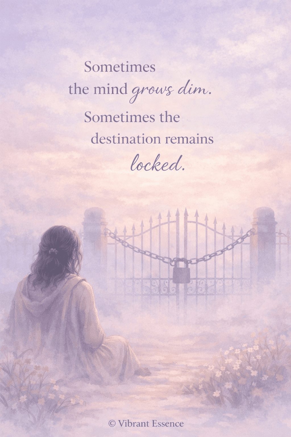 A woman sits quietly before a locked wrought-iron gate surrounded by misty pastel hues of lavender, pink, and pale blue. The quote “Sometimes the mind grows dim. Sometimes the destination remains locked.” floats above her in elegant serif and cursive fonts.