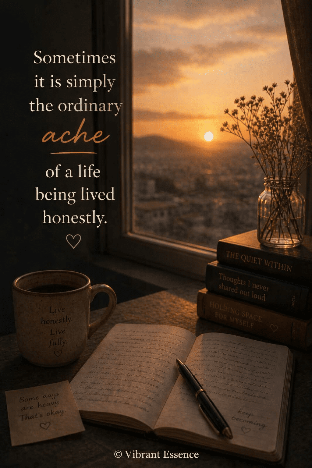 A warm window scene with books and journal — reflecting the quiet ache of an honest life, from The Search: An Inner Journey by Anu Chandrashekar