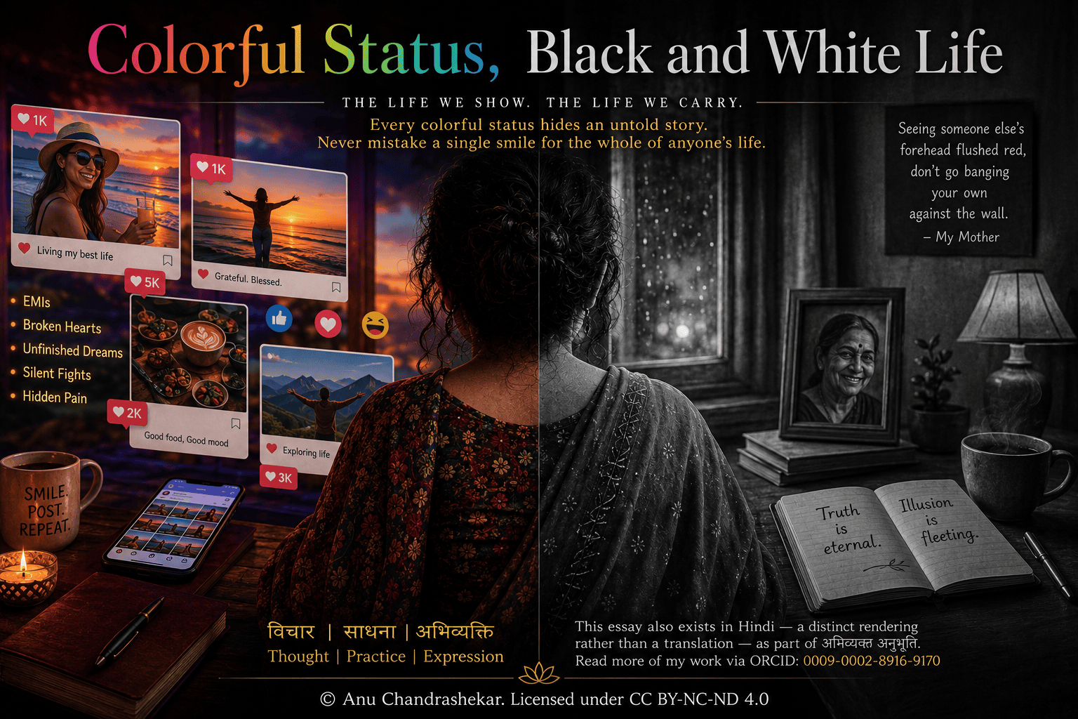 Colorful Status, Black and White Life featured image showing a split scene between a vibrant social media world and a grayscale everyday reality, symbolizing the contrast between curated online appearances and authentic life. © Anu Chandrashekar.